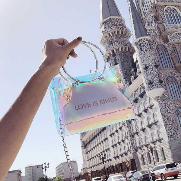 

2019 new jiulin high-quality ring laser korean version of the transparent chain shoulder slung small square bags women handbags