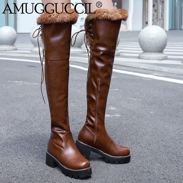 

2019 new plus big size 33-43 black white brown lace up over the knee thigh high lady winter warm fur women snow boots x1941