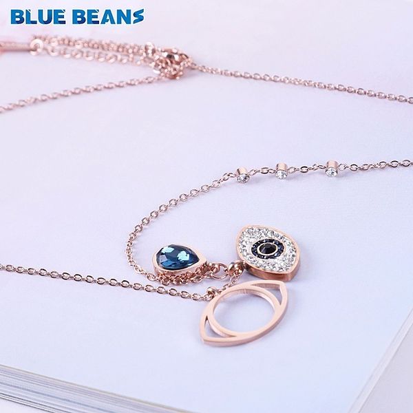

necklace stainless steel rose gold color chain women blue crystal evil eye necklaces pendants cz jewelry retro long accessories, Silver