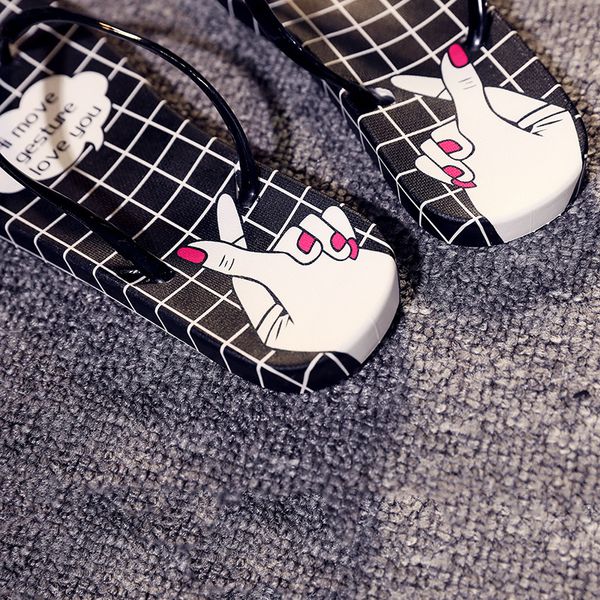 

finger heart flip-flops women's summer students korean-style fashion flat anti-slip flip-flop sandals women's outer wear sandals, Black