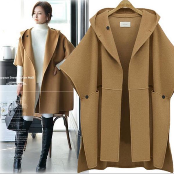 

fashion women winter hooded batwing sleeves woolen coat outerwear cloak ponchos cape coats temperament cloak shawl coat female, Black