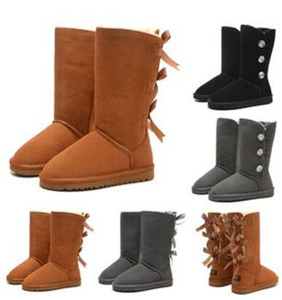 Botas altas de inverno 2020 WGG gravata borboleta cristal feminina clássica marca de moda botas de meia altura do joelho preto cinza castanho feminino botas de neve para meninas