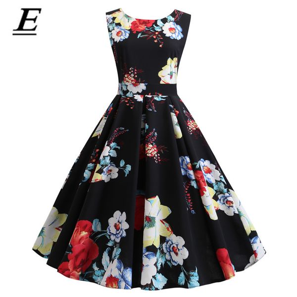 

plus size summer dress women vintage rockabilly dresses jurken floral 1950s 60s retro big swing pinup party dress vestidos, Black;gray
