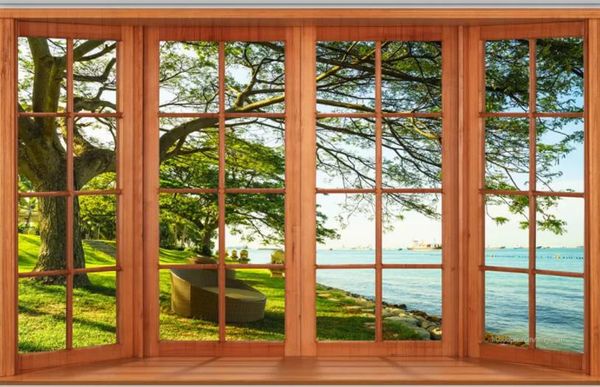 Wand-zu-Decke-Fenstersee-Holz 3d Hintergrundwand moderne Tapete für Wohnzimmer