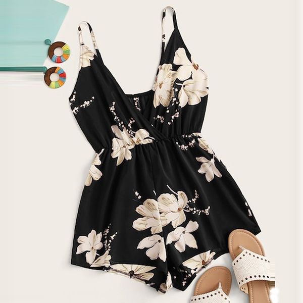 

2019 s-xl women fashion casual v-neck sling strapless back floral print surplice front jumpsuit rompers drop ship july26, Black;white