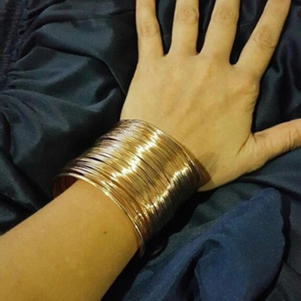 

simple women monochrome multi-strand metallic open bracelet wide cuff bracelet jewelry gifts bangles woman's accesories, Black