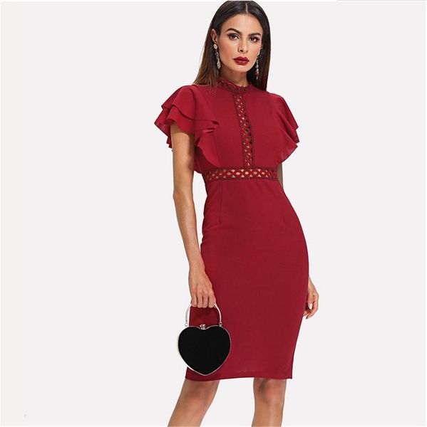 

бордовый красный высокая талия винтаж рябить рукав леди bodycon dress 2018 элегантный ретро партия кружева ушко подол щелевые платья new nb, Black;gray