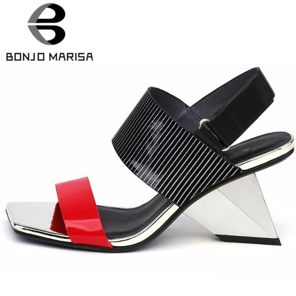 

bonjomarisa fashion genuine leather female sandals mixed color back strap striped style strange sandals women summer shoes woman, Black