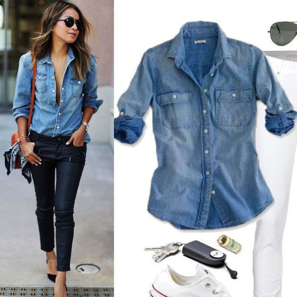 

мода женщины повседневная синий jean denim с длинным рукавом топы блузка карман, White