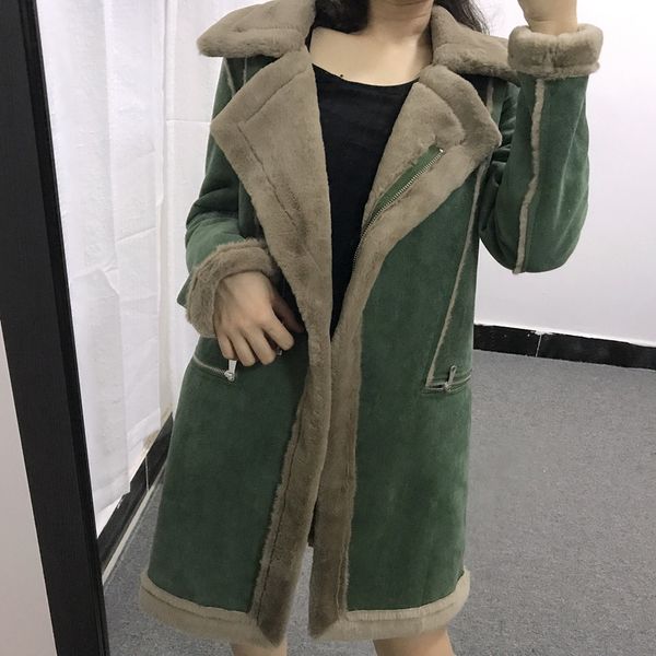 

benjean autumn and winter new deerskin small small thick woolen coat in the long section lap zipper jacket female, Black