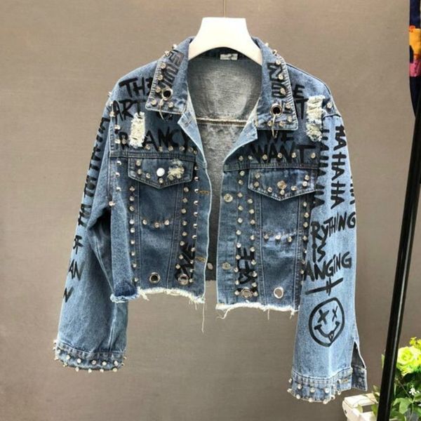 

2019 new rivet denim jackets women long sleeve patchwork vintage cropped jacket high streetwear pockets outwear, Black;brown
