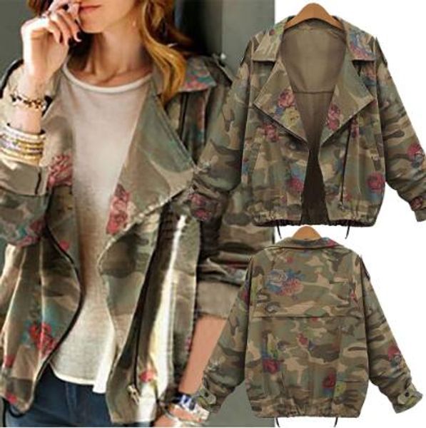 

women jackets autumn winter army green camouflage jackets floral printed zipper jeans coats for woman denim cardigans, Black;brown