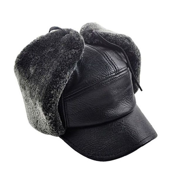 

new leather cap men earmuffs winter leather hat warm plus velvet ear protector cap locomotive middle-aged lei feng hats, Black
