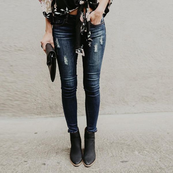 

boyfriend streetwear jeans slim jeans girls for women cotton 2019 long hole summer waist ripped pants fall clothing denim mid, Blue