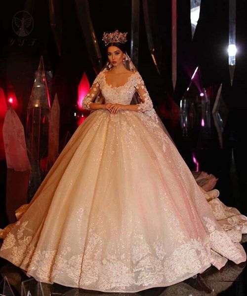 

урожай vestidos de novias площади аппликацией кружева bling bling бальное платье шампанского свадебные платья 2020 свадебные платья, White