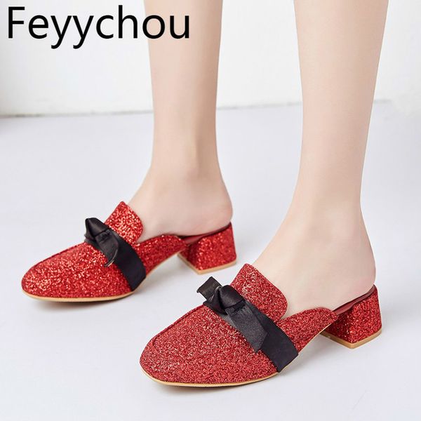 

women's pumps high heels spring autumn mules sequined cloth thick heel 2019 new fashion casual red black big size 34-43, Black;white