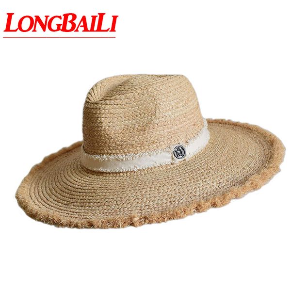 

longbaili summer 14cm large brim raffia straw sun beach hats for women chapeau female fedoras swds153, Blue;gray