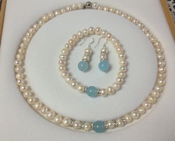 

new 7-8mm white pearl earrings, necklace, bracelet, earring, set, Silver