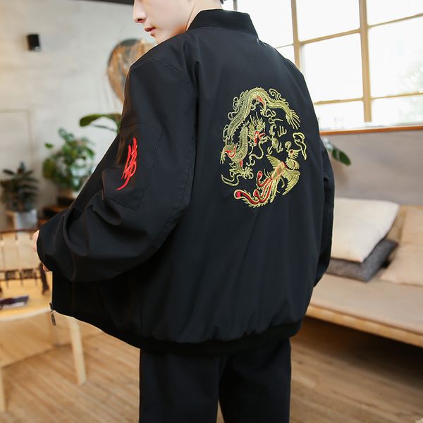 

with chinese dragon embroidery 2019 autumn new style casual fashion bomber men fung fu tai chi jacket, Black;brown