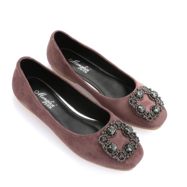 

spring slip on flats ladies crystal flat shoes rhinestone buckle suede leather single shoes square toe loafers women ballet shoe, Black