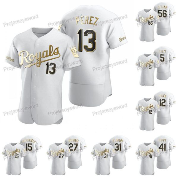 

salvador perez white golden edition jersey george brett jorge soler whit merrifield ian kennedy danny duffy brad keller jakob junis mondes, Blue;black