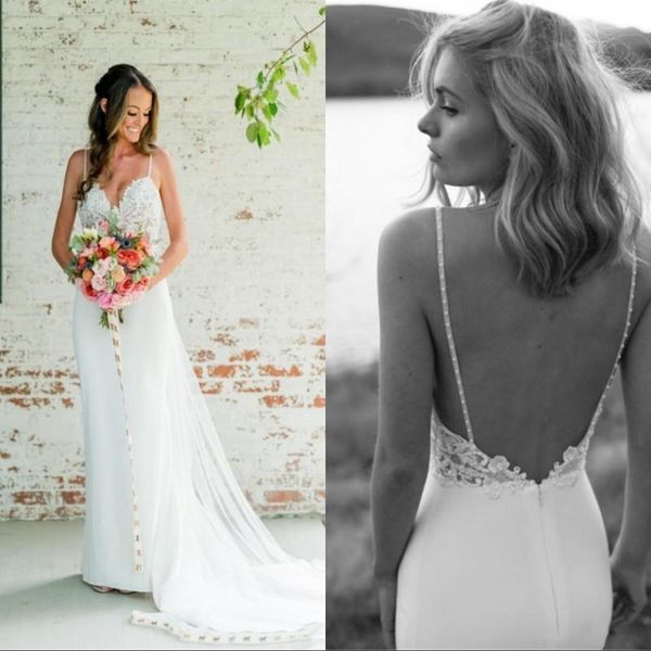 

amazing slim mermaid bohemian wedding dresses spaghetti open back beach lace appliqued country beach bridal gowns vestidos de soiree, White