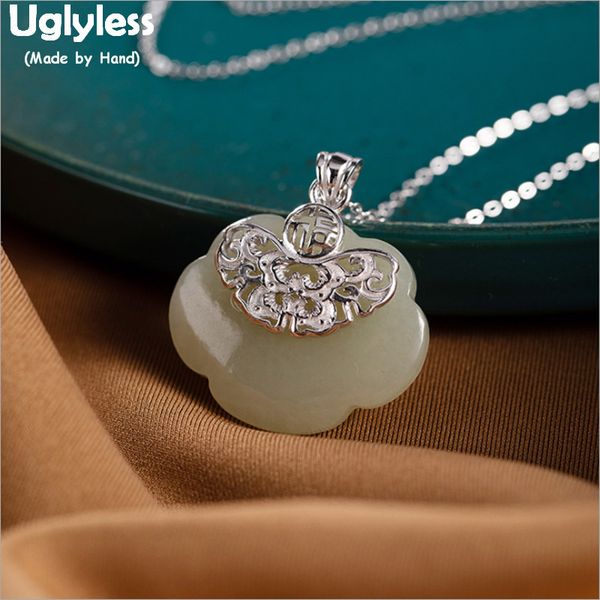 

uglyless hollow real silver butterfly necklaces no chain for women natural jade pendants 925 silver gemstones fine jewelry p1030