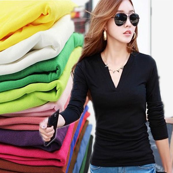 

women t shirt women korean basic v neck fitted plain solid stretch shirt autumn clothing slim t shirts harajuku, White