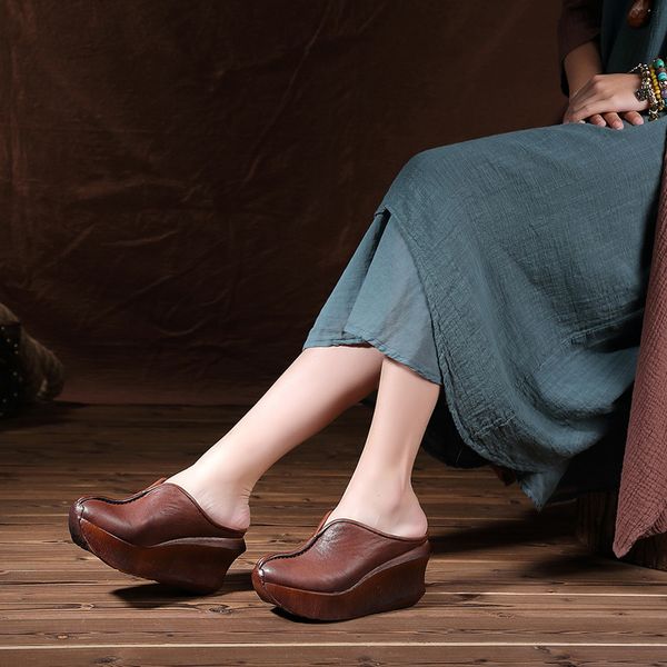 

olomm 2020 summer new women's slippers sandals leather thick-bottomed muffin with chinese toe baotou casual half slippers ll-06, Black