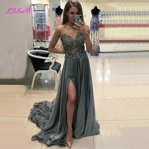 

party dresses long evening scoop lace applique beaded gowns side split women special occasion formal dress, White;black