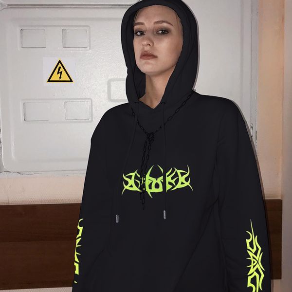 

women loose streetwear black sweatshirt knitted hooded shinning print hoodies fashion moletom long hoodie women