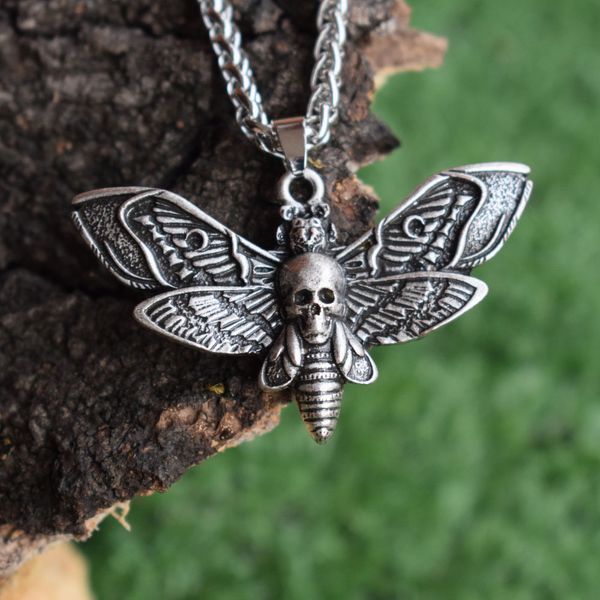 

halloween dead head skull pendant moth necklace women necklace with metail chain christmas gift, Silver