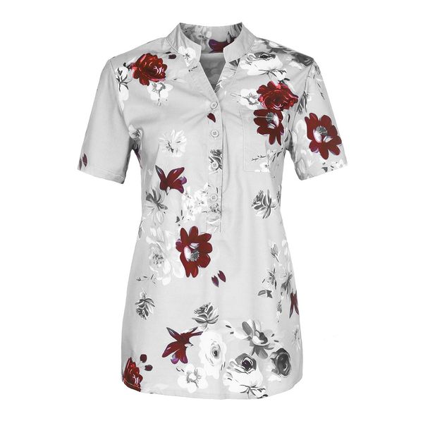 

women printing pocket plus size short sleeve blouse easy shirt vest casual blouse polyester blusas mujer de moda 2019 c3077, White