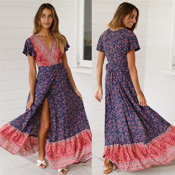 

Sexy Flora Printed Womens Dresses V Neck Split Designer Dresses Elegant Short Sleeve Womens Clothing