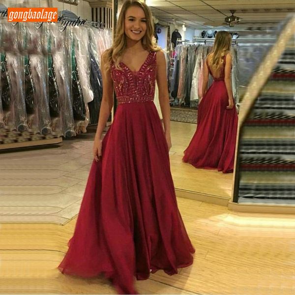 

burgundy v neck evening dresses long delicate applique beading sleeveless evening gown a line backless party formal dress, White;black