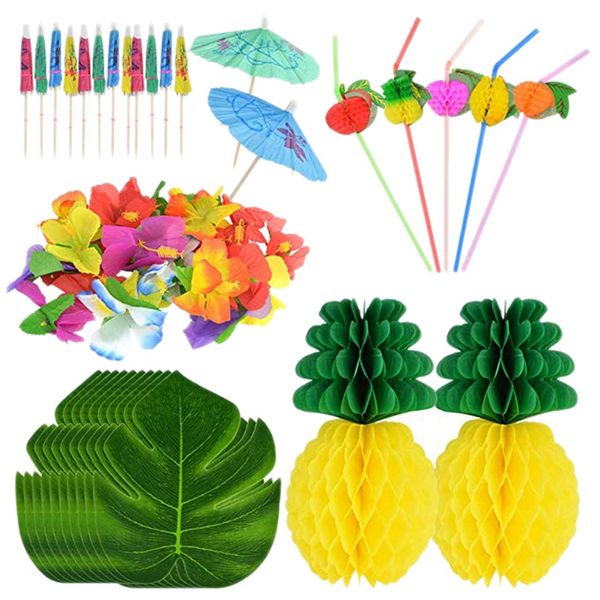 

150pcs tropical hawaiian party decorations set includes tropical palm leaves hibiscus flowers tissue paper pineapples fruit stra