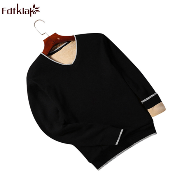 

fdfklak winter plus velvet thick men's sweater korean slim solid pull homme v-neck warm bottoming sweaters casual pullover, White;black