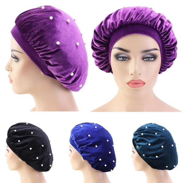 

women velvet sleep night cap soft beads turban beanie bonnet head scarf hair loss cover stretch sleeping hat nightcap headwear, Blue;gray