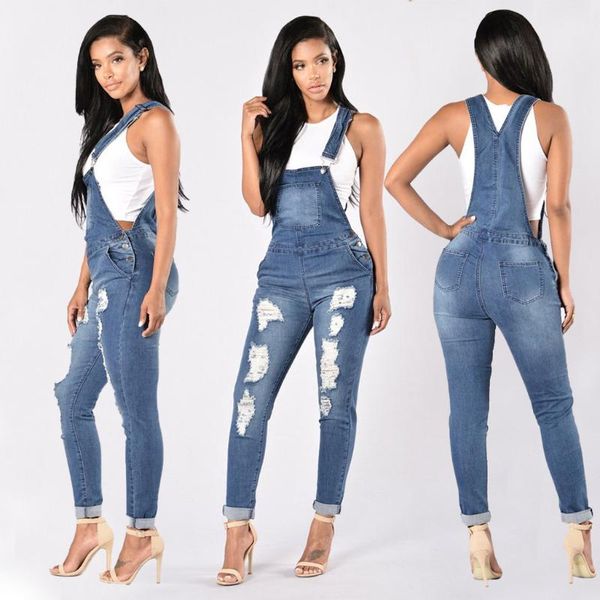 

2020 women denim overalls ripped stretch dungarees high waist long jeans pencil pants rompers jumpsuit blue jeans playsuit 0214