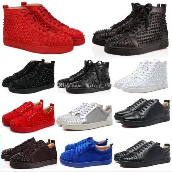 

new designer sneakers red bottom shoe high low cut suede spike luxury shoes for men and women shoes party wedding crystal leather sneakers, Black