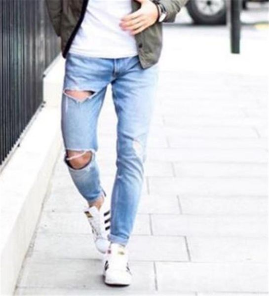 

new straight jeans males apparel mens designer jeans selling ripped knee pants small leg jeans mens, Blue