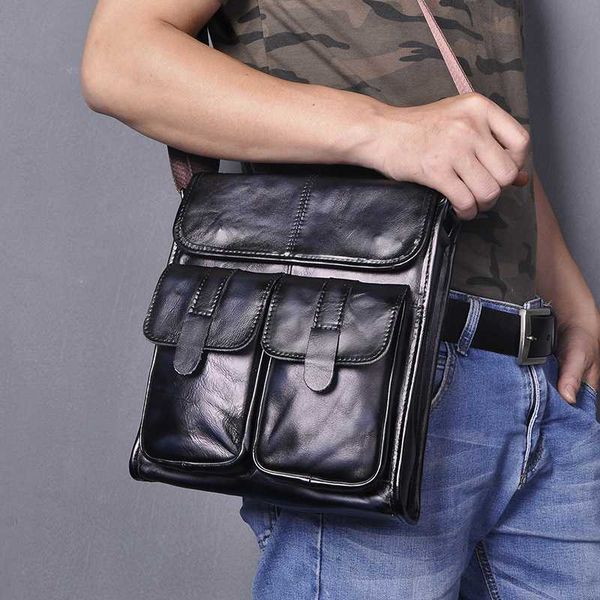 

quality leather male design messenger bag cowhide fashion blue cross-body bag 10" tablet university school book 009