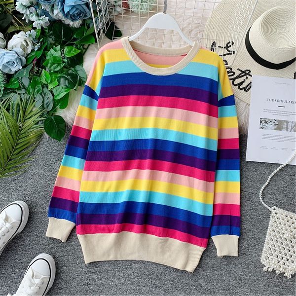 

tyhru women sweater rainbow stripe knitted long sleeve sweet pullovers autumn female casual, White;black