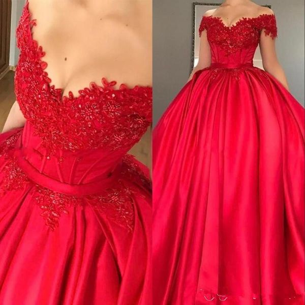 Neue erstaunliche sexy rote Ballkleid-Quinceanera-Kleider, schulterfrei, Applikationen, Perlen, Satin, Korsett, Schnür-Abschlussballkleider, süße 16-Mädchen-Kleider