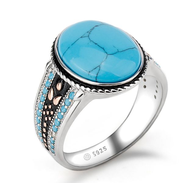 

925 sterling silver turquoise ring oval sky blue stone life track significance ring for men wedding fine jewelry, Golden;silver