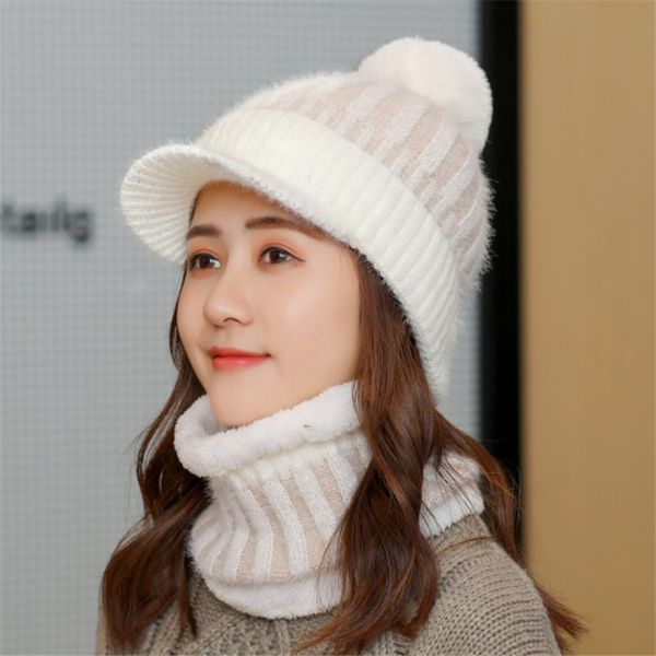 

set female thick velvet hair ball warm bonnet capswith bib women winter hats mixed color knit beanie hat, Blue;gray