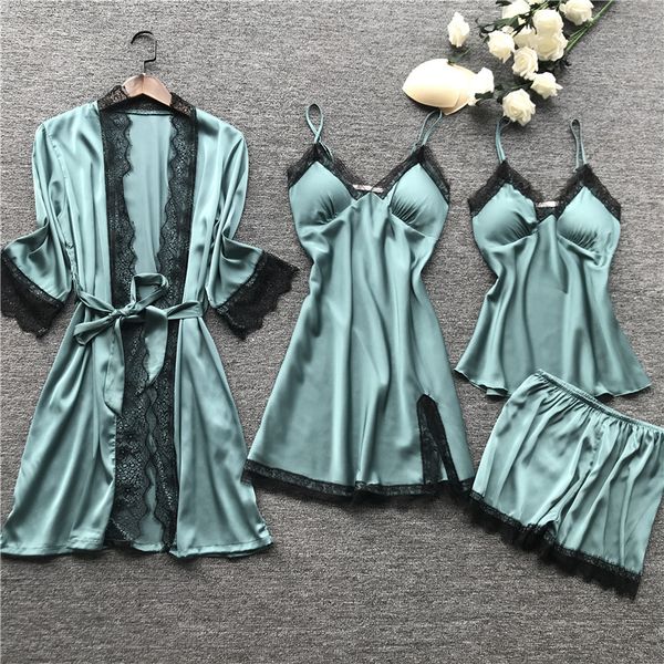 

women's satin silk nightgown bathrobe woman lace robe femme pajamas set 4pcs robes sleepwear ladies robe&gown pyjamas suit, Black;red