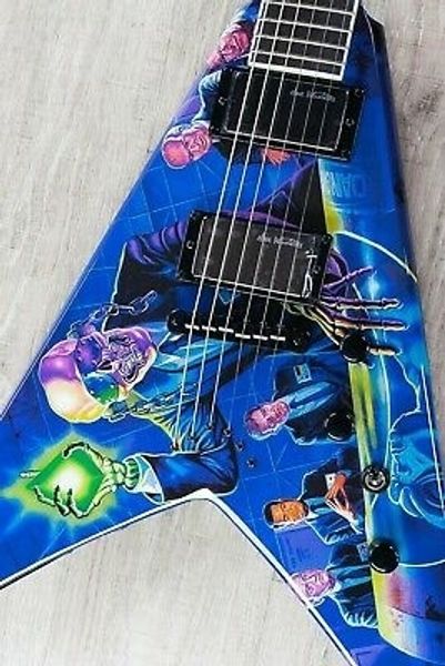 Seltene Mustaine Megadeth Rust In Peace Blue Fly V Grover-Mechaniken für E-Gitarre, Saiten durch den Korpus, aktive China-Tonabnehmer, 9-V-Batteriekasten, schwarze Hardware