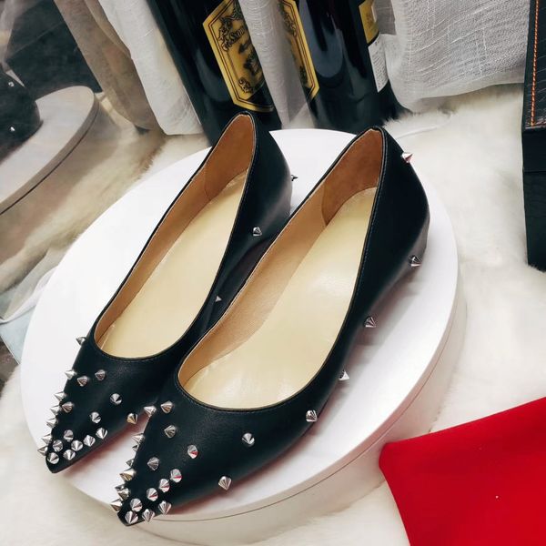 

casual designer lady fashion women pumps casual designer black leather silver spikes point toe flats shoes brand new party shoes