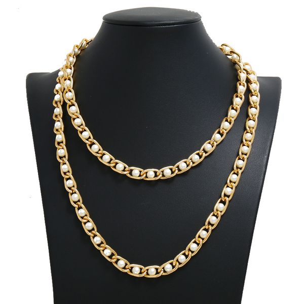 

popular fashion luxury designer exaggerated golden metal chain pearl multi layer choker sweater statement necklace for woman, Silver